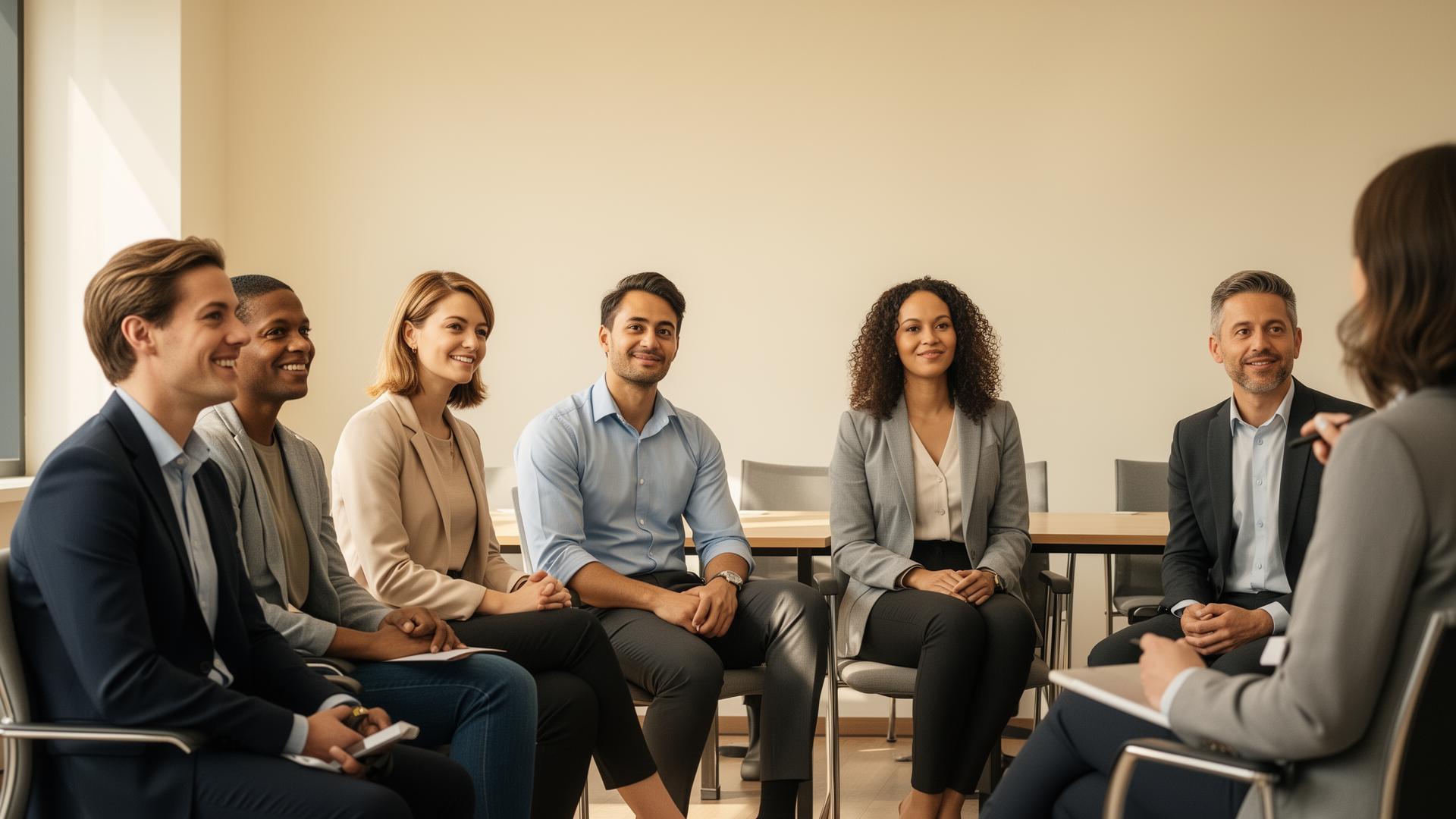 Grupo reducido de mandos intermedios atentos en una sala de formación