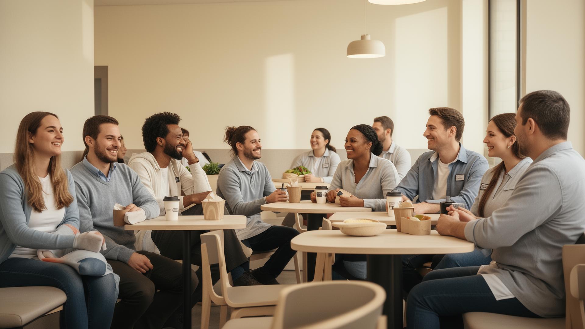 Equipo diverso de una empresa conversando en un descanso